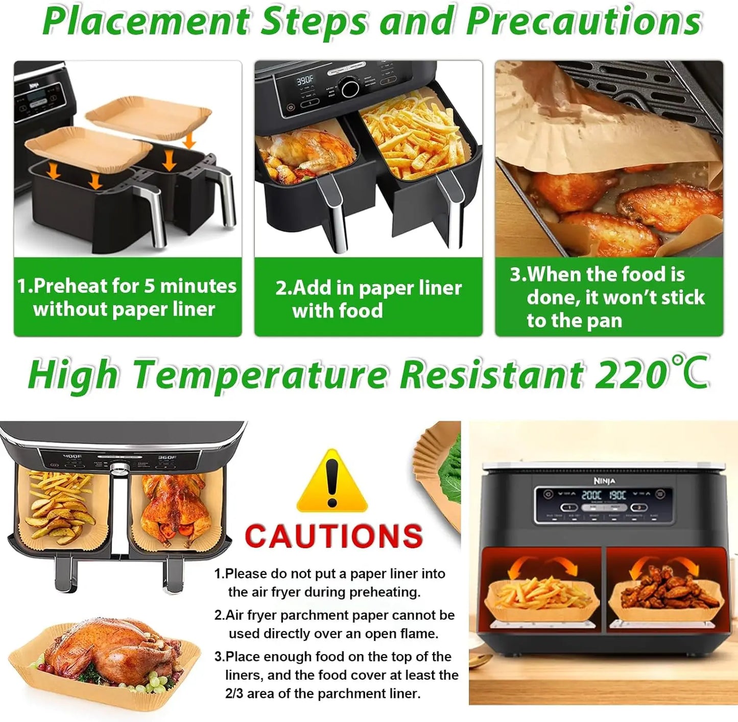 200 Stück Backpapierbögen 22x14 cm für Luftfritteuse kompatibel Ninja