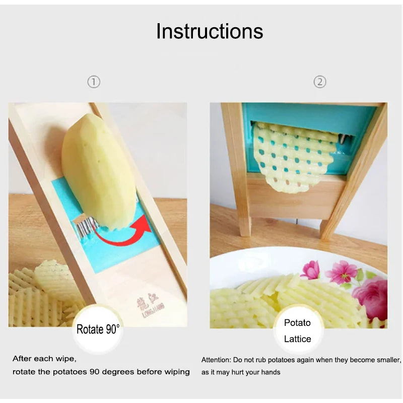 Edelstahl Pommes-Gitter Kartoffelschneider Küchenreibe Slicer mit Holzgriff