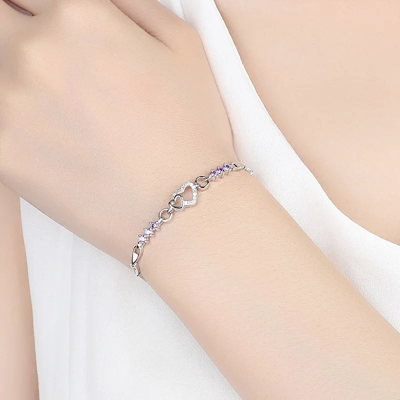 925er Sterling Silber Damen Armband mit lila Zirkon Herz Charm