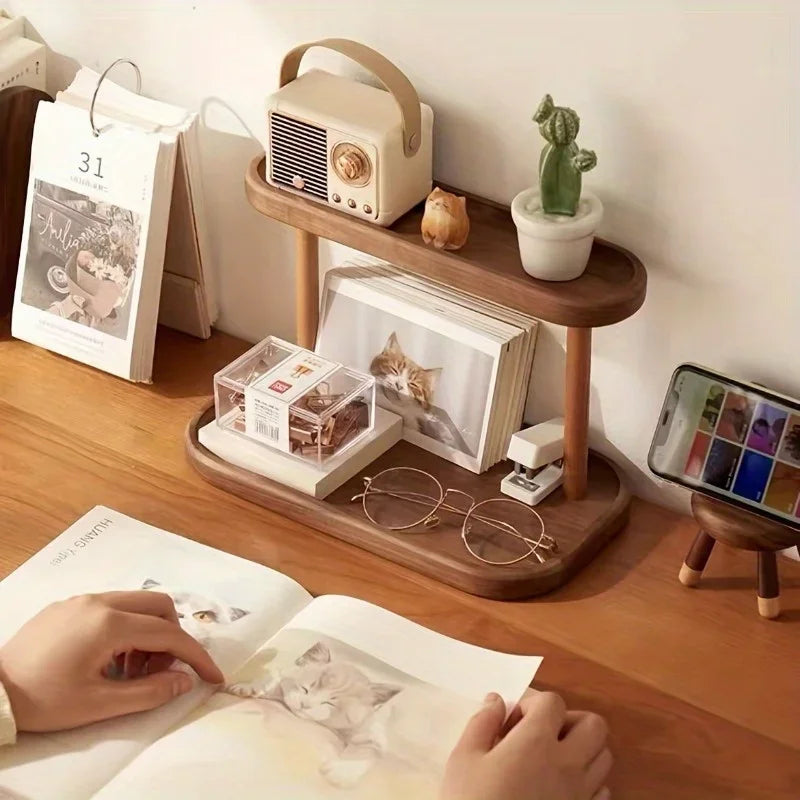 Doppelschichtiges Desktop Aufbewahrungsregal aus Holz für Büro und Zuhause