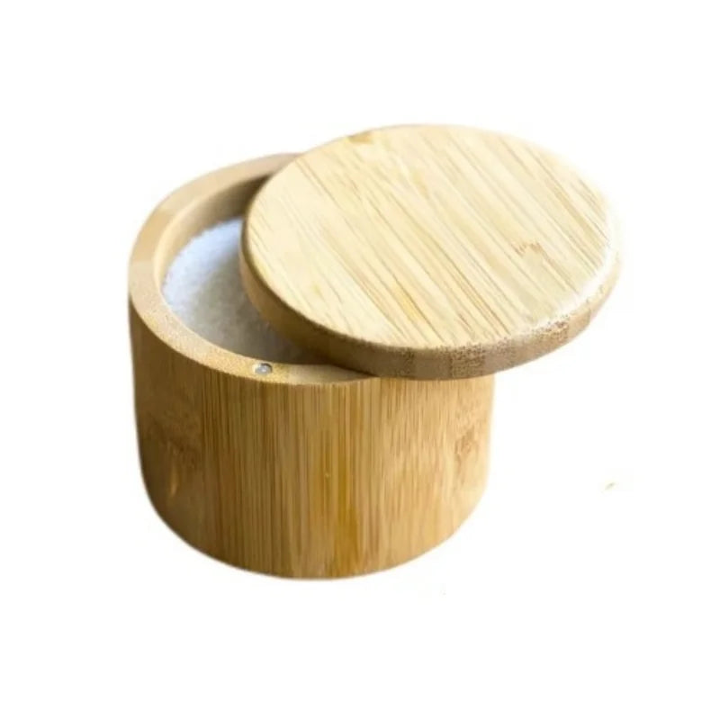 Bambus Salzkeller mit Mini-Löffel Drehverschluss Gewürzbehälter rund