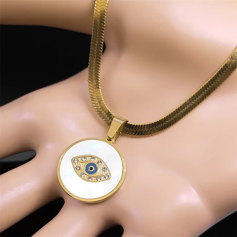 Evil Demon Eye Vintage Kristall Muschel Choker Halskette Damen Edelstahl vergoldet