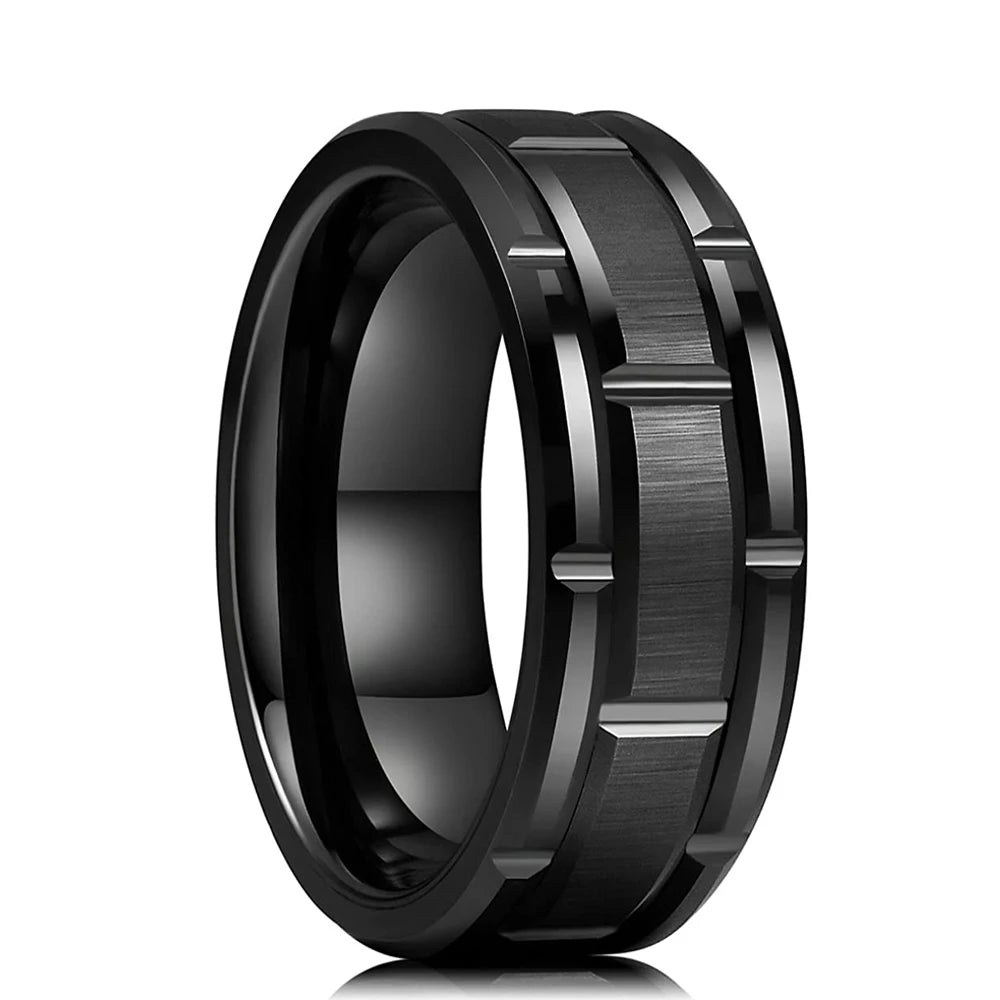 Fashio Männer Ringe Schwarz Titan Edelstahl Ringe Für Männer Frauen Ziegel Muster Finish Abgeschrägte Kante Hochzeit Ring Partei Schmuck