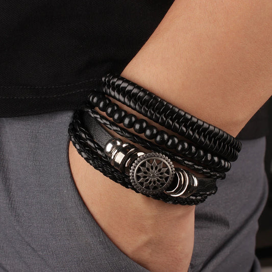 4-teiliges Herren-Lederarmband-Set mit Vintage Lebensbaum - Holzperlen
