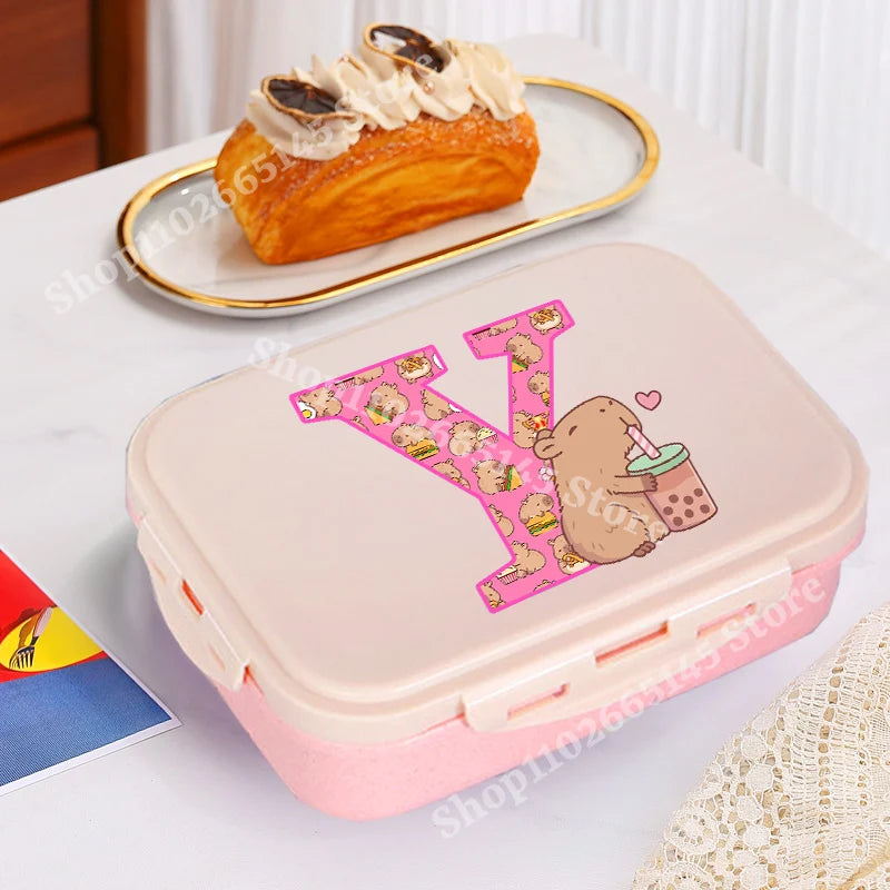 Niedliche Capybara Lunchbox mit A-Z Buchstaben, Single Layer Bento Box