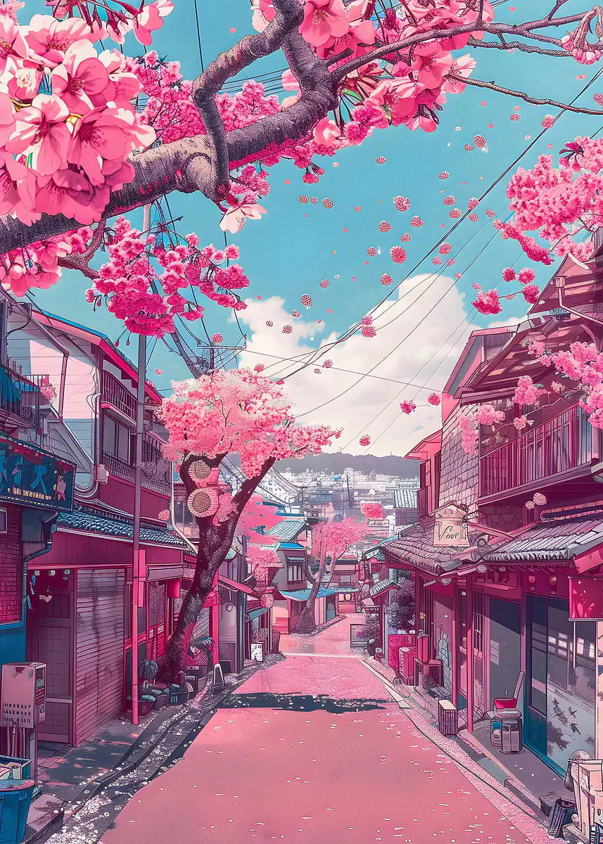 Japanisches Kirschblüten-Dorf Leinwanddruck mit Mount Fuji Wandkunst-Yabubest - Home & More