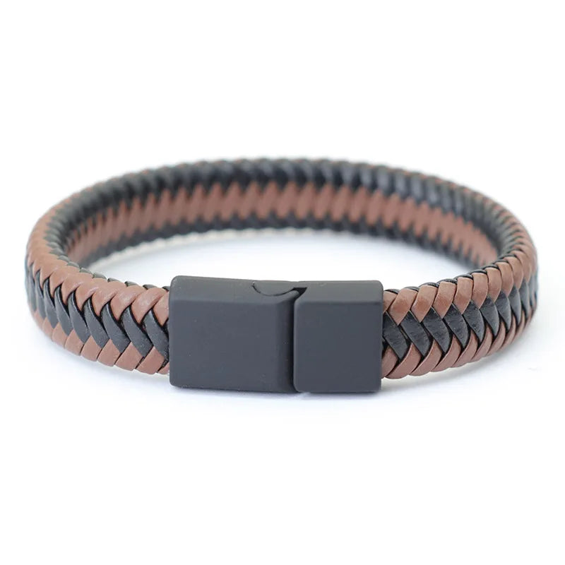 Männer Leder Armband Schwarz Geflochten Punk Steckverschluss 20,5cm