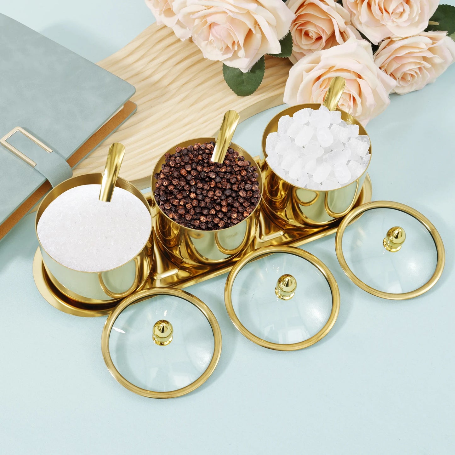 2er Set Edelstahltöpfe Gewürzbox mit Löffel Gold Gewürzregal Pfeffer