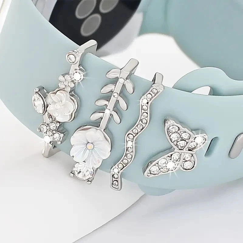 4 Stück Schmetterlings-Blumen-Armband-Ringschlaufen, Nägel, Nieten, niedliche Strass-Uhrenarmband-Charms, Dekorationen für Iwatch-Armband-Yabubest - Home & More