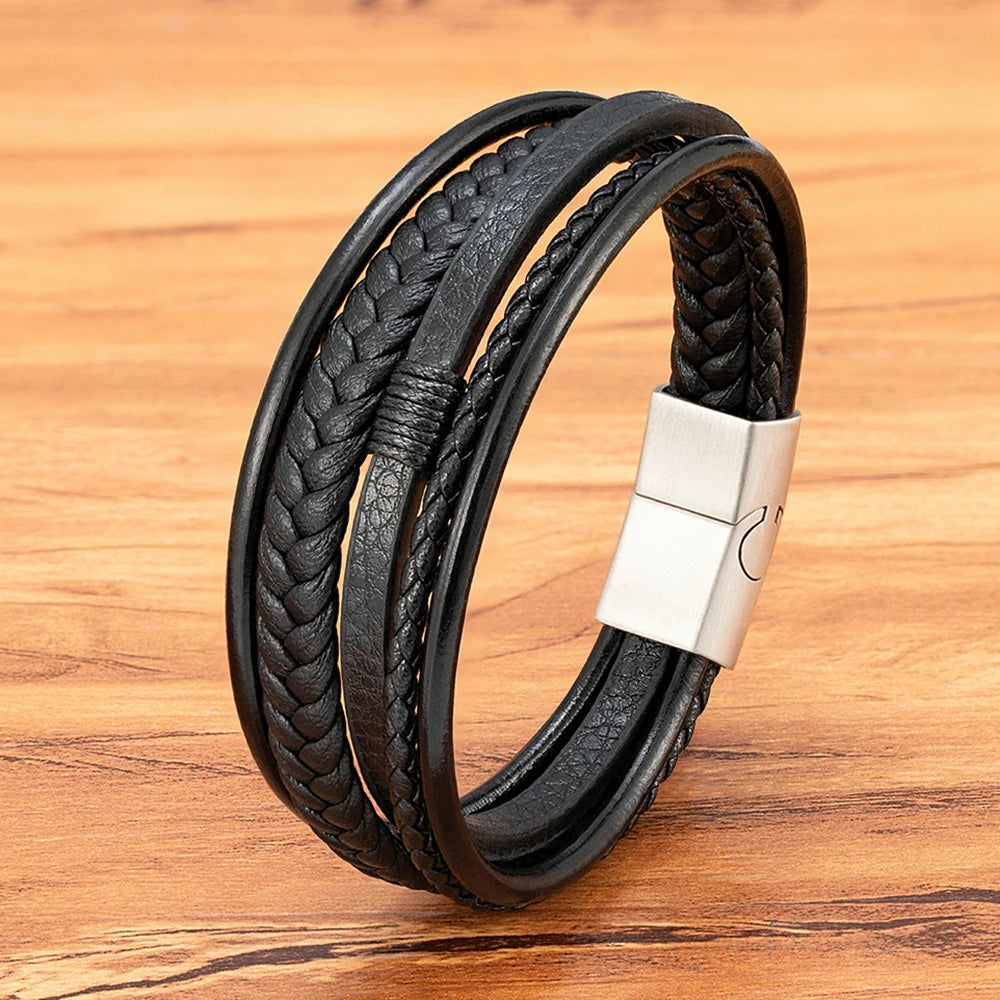 Luxus mehrschichtiges Lederarmband mit Edelstahl Magnetverschluss für Männer
