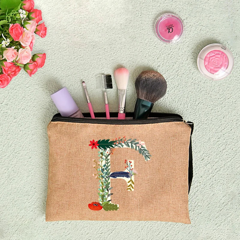Leichter Leinwand Kosmetikbeutel mit Reißverschluss und floralem Design