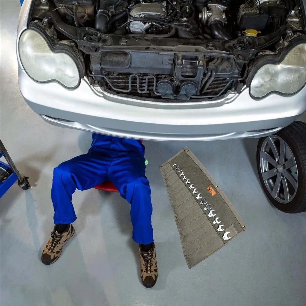 Werkzeugrolltasche aus gewachstem Segeltuch 14 Taschen robust für Elektriker