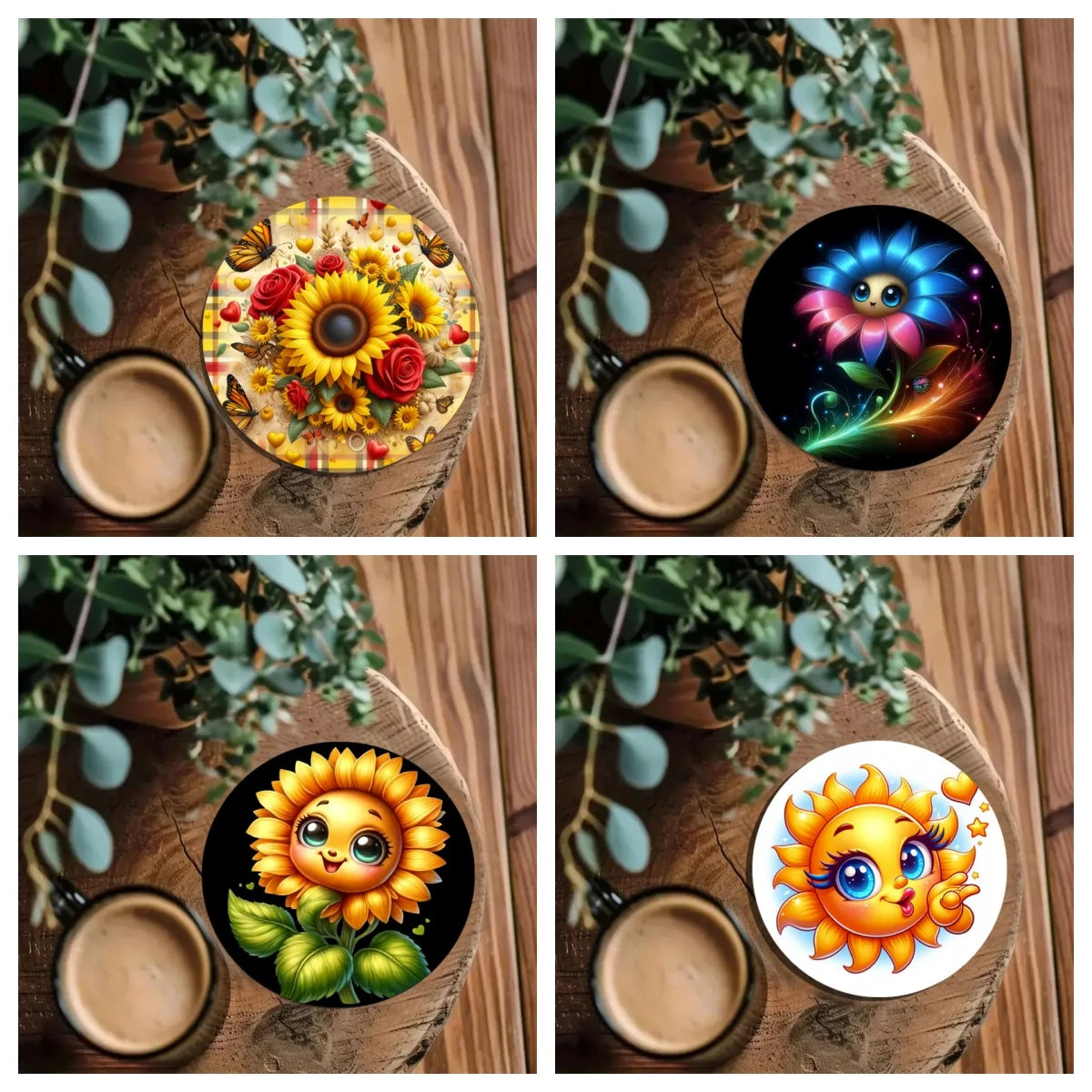 4er Set bunte Sonnenblumen Holz-Untersetzer rutschfest für Küche Büro