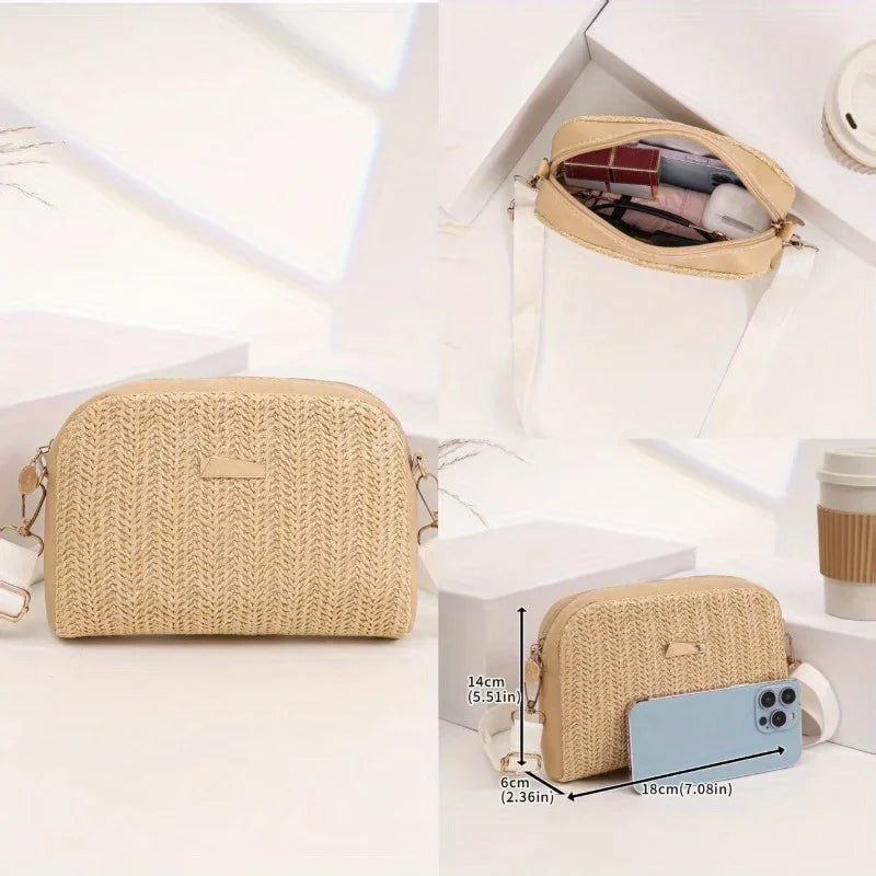 Kleine einfarbige Umhängetasche aus Stroh für vielseitigen Alltags- und Party-Look