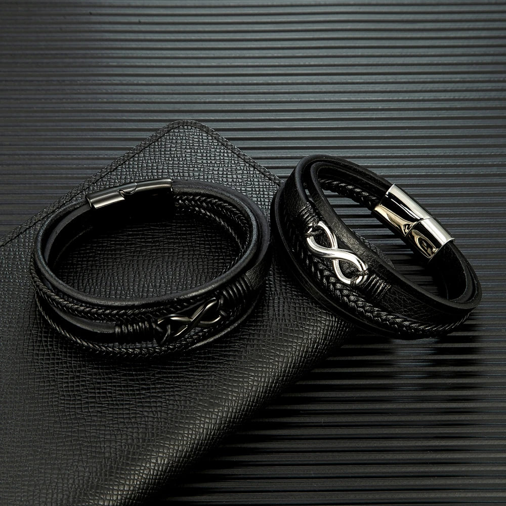 Klassisches Herren Lederarmband Mehrschichtig Geflochten Edelstahl Magnetverschluss
