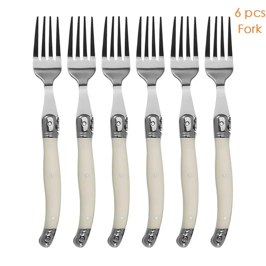 6teiliges Laguiole Besteckset aus Edelstahl mit Steakmessern und Löffeln
