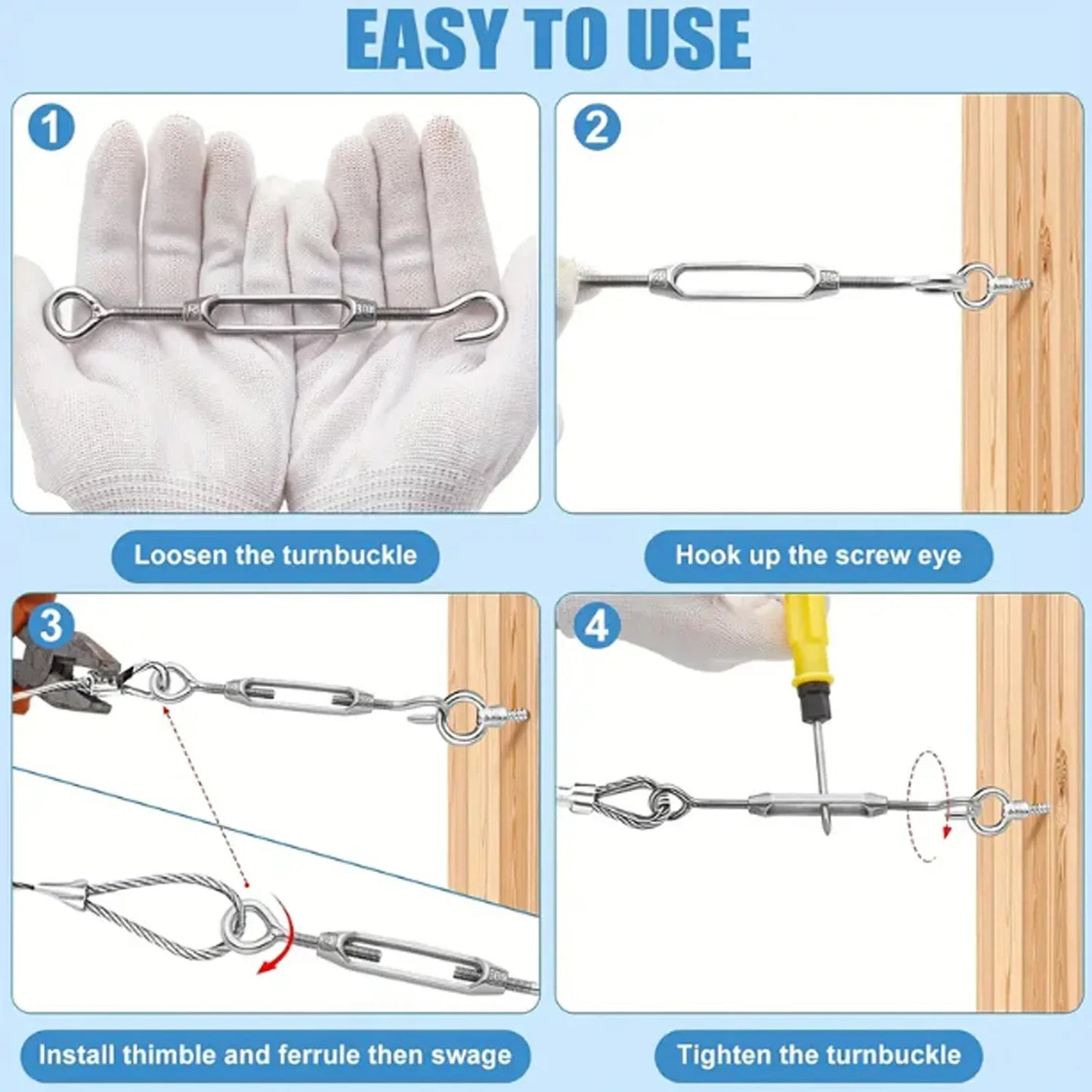 Edelstahl Haken und Öse Spanner Einstellbar Draht Seil Spannung Segel Garten-Yabubest - Home & More