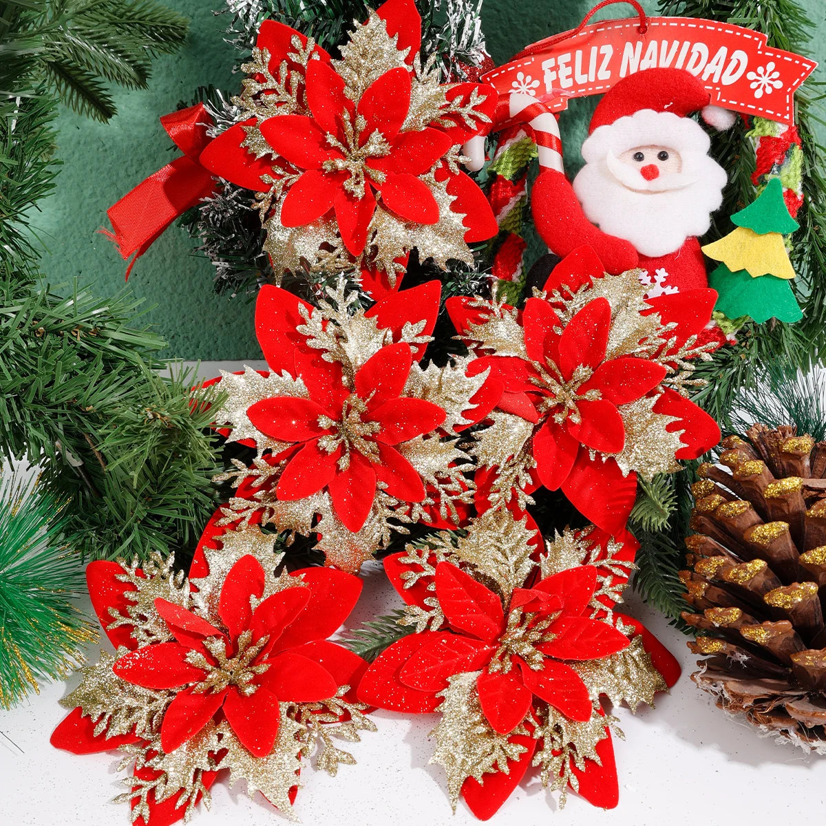 Künstliche funkelnde Glitzer-Weihnachtsblumen für Dekoration