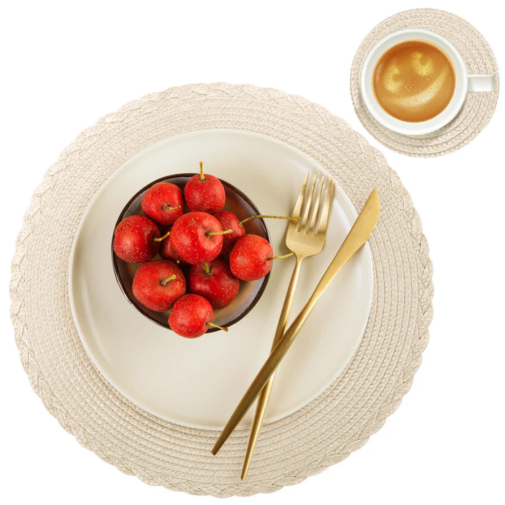 Set mit 6 runden geflochtenen Tischsets 34 cm waschbar rutschfest