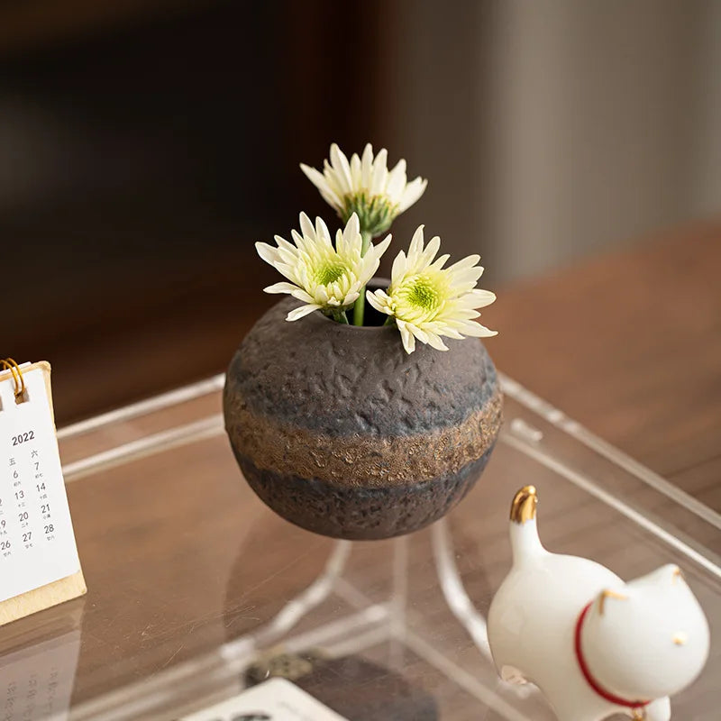 Kleine Keramikvase - Grobstruktur Vintage Design - Japanischer Stil für Wohnzimmer und Esstisch
