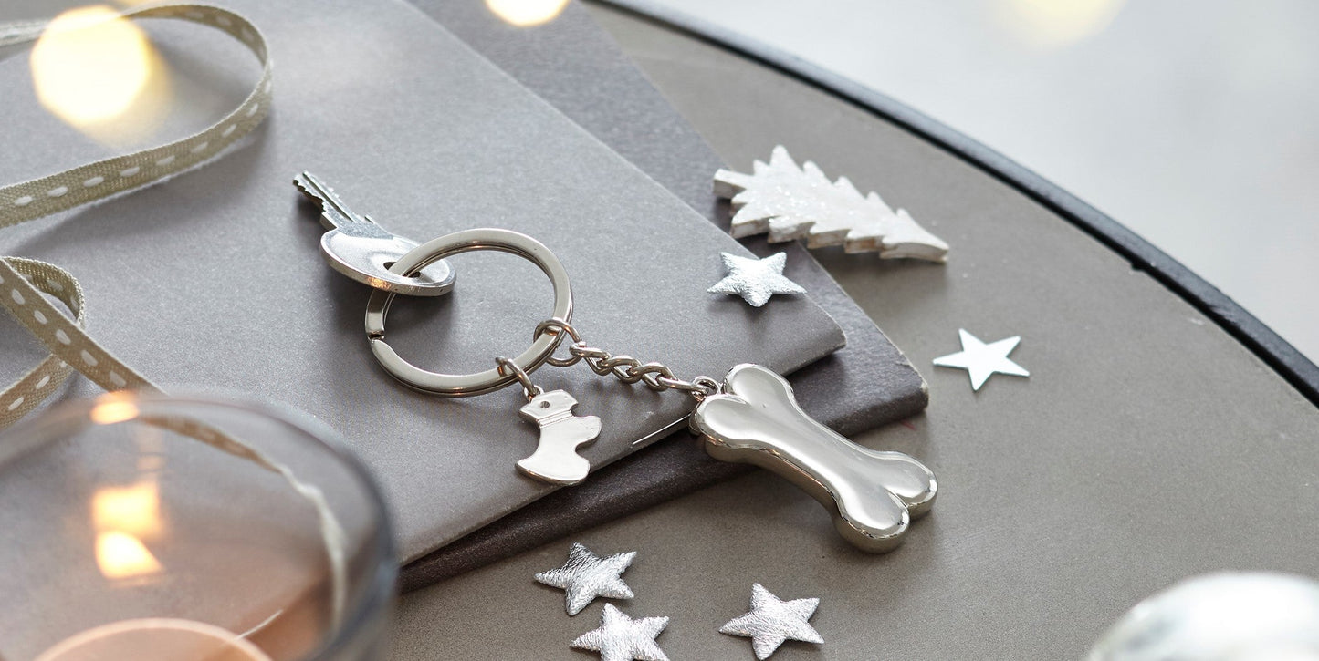 Schlüsselanhänger Knochen aus rostfreiem Edelstahl mit Hundemotiv-SABRO GmbH