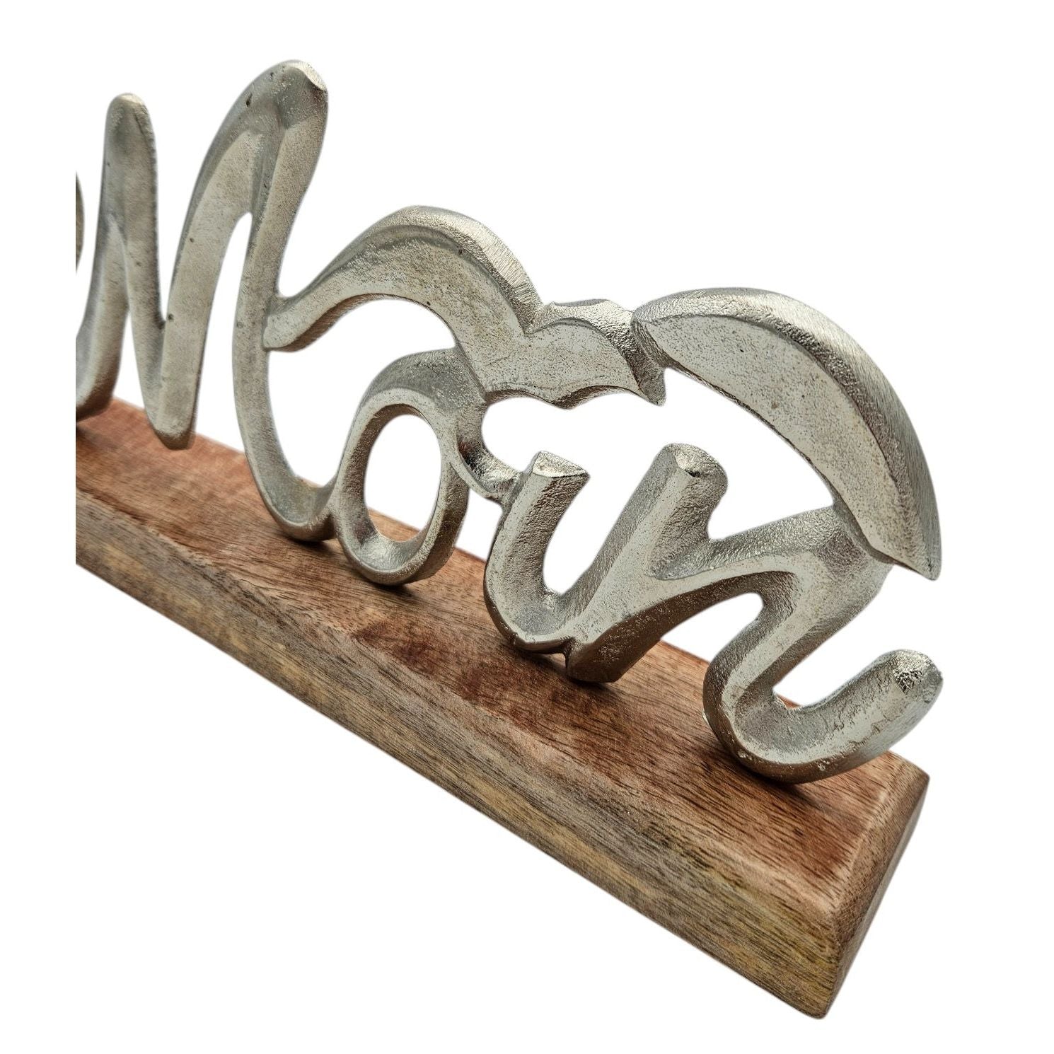Schriftzug Moin Möwe Dekoschriftzug Mangoholz Schild Aluminium Holz Silber 33 cm
