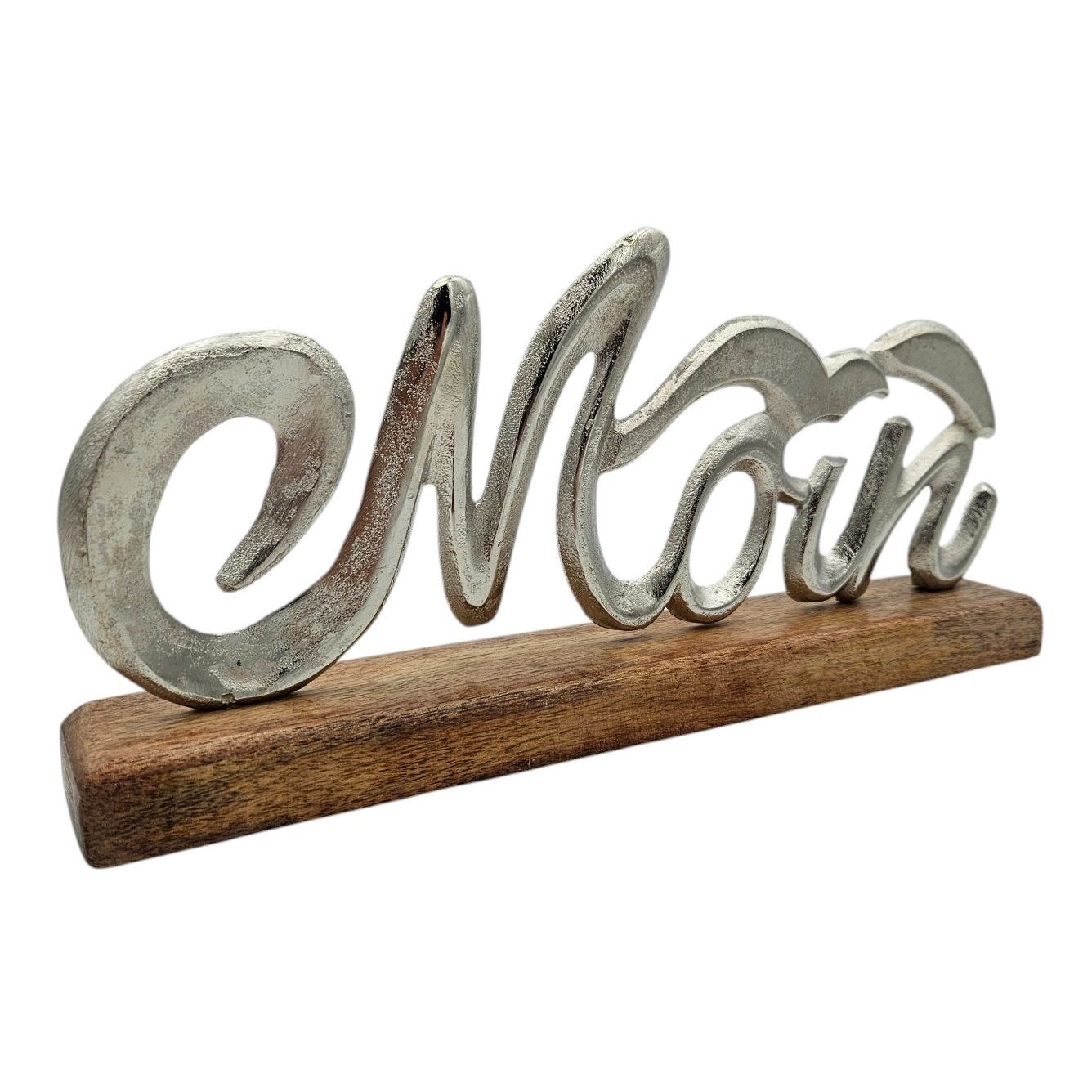Schriftzug Moin Möwe Dekoschriftzug Mangoholz Schild Aluminium Holz Silber 33 cm
