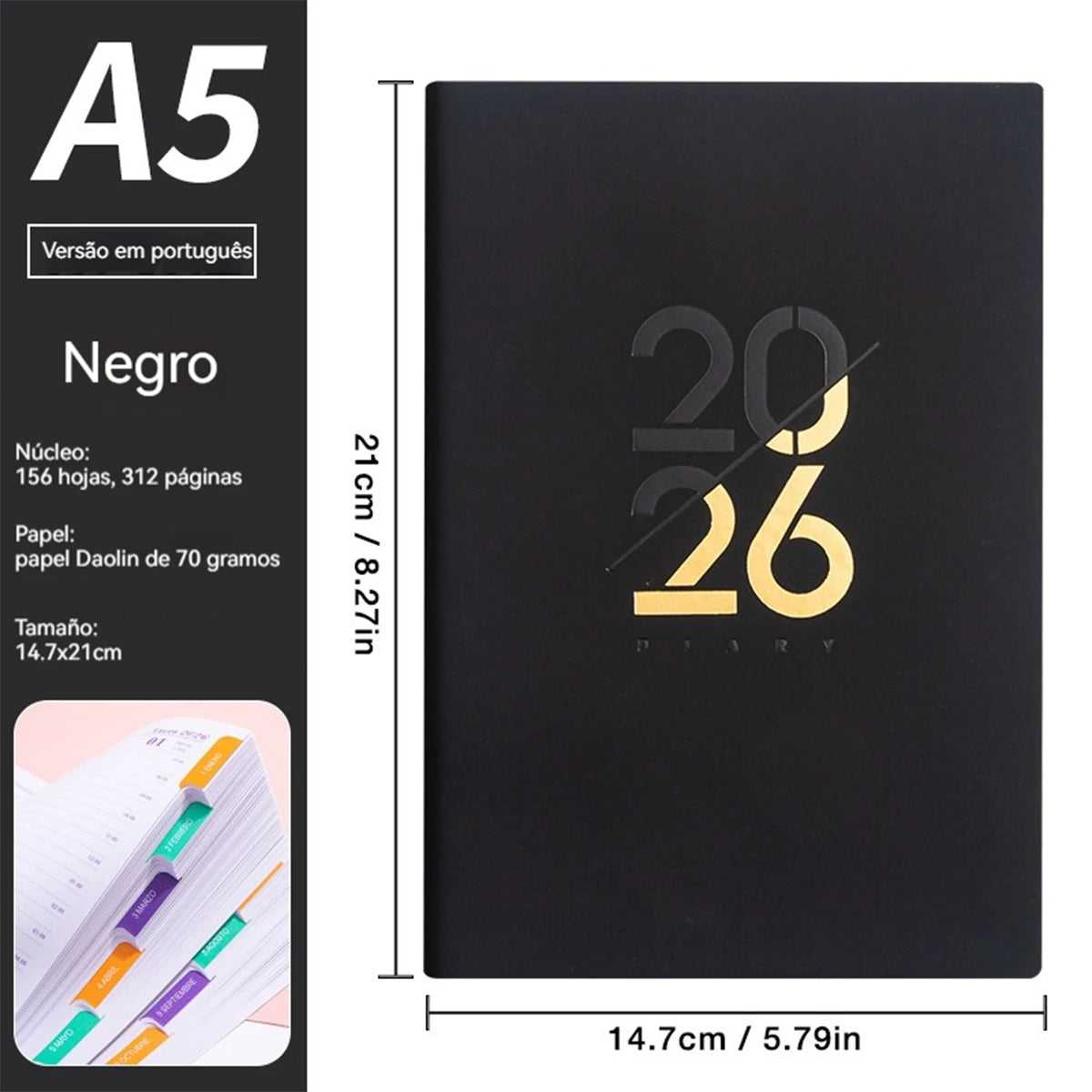 2026 Planer A5 PU-Ledereinband Spanisch Englisch wöchentlicher Monatsplaner