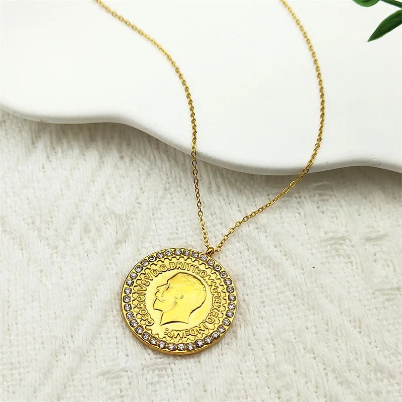 Edelstahl Halskette mit Münzanhänger Rund Goldfarbe Unisex 70cm