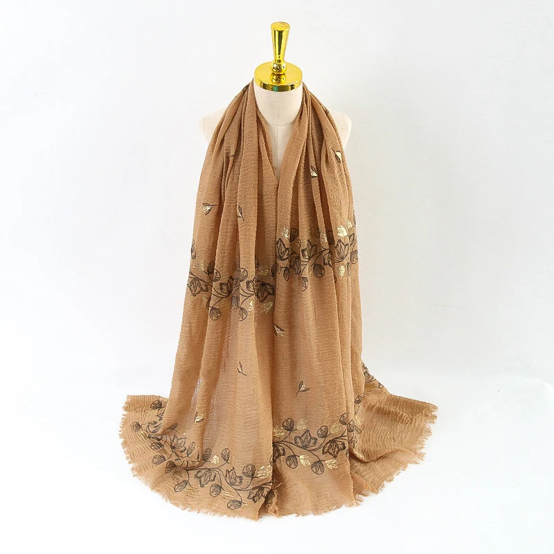 Damen Baumwoll-Leinen Schal Gold Bedruckt Quadratisch Kleine Blumenmuster