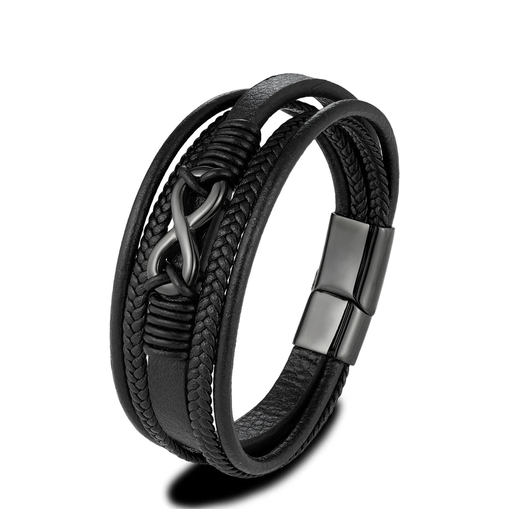 Klassisches Herren Lederarmband Mehrschichtig Geflochten Edelstahl Magnetverschluss