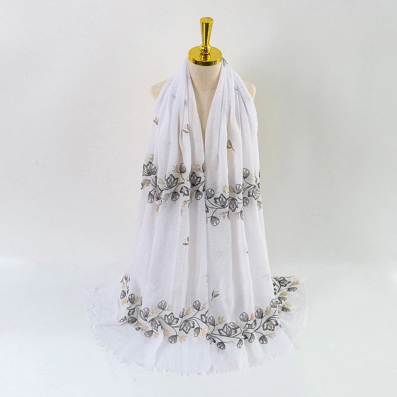 Damen Baumwoll-Leinen Schal Gold Bedruckt Quadratisch Kleine Blumenmuster