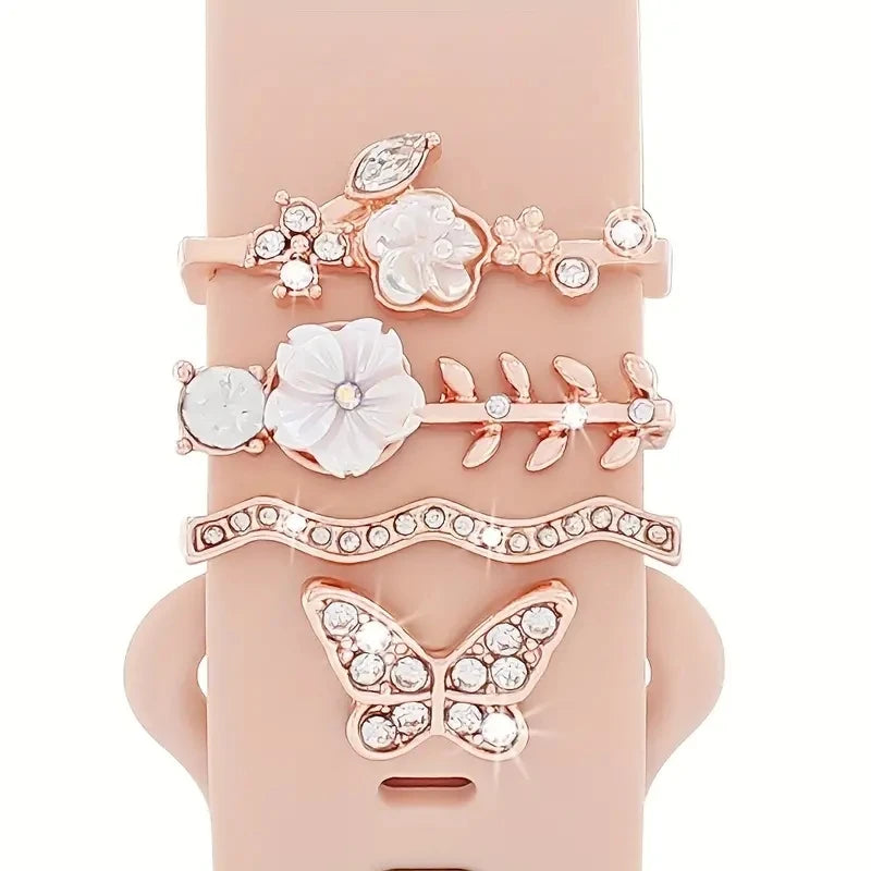 4 Stück Schmetterlings-Blumen-Armband-Ringschlaufen, Nägel, Nieten, niedliche Strass-Uhrenarmband-Charms, Dekorationen für Iwatch-Armband-Yabubest - Home & More