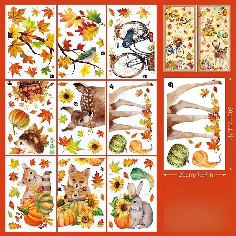 9teiliges Herbst Deko Set Fensteraufkleber Kürbis Ahornblatt Katzen Hunde