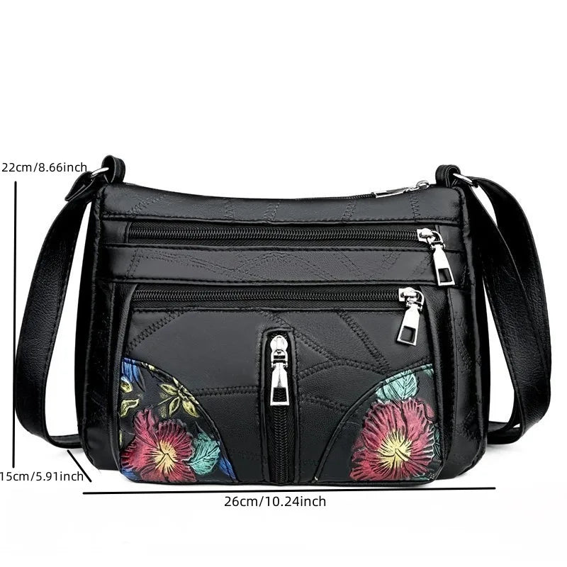 Elegante schwarze Damen Umhängetasche mit Blumen-Design - Multi Fächern