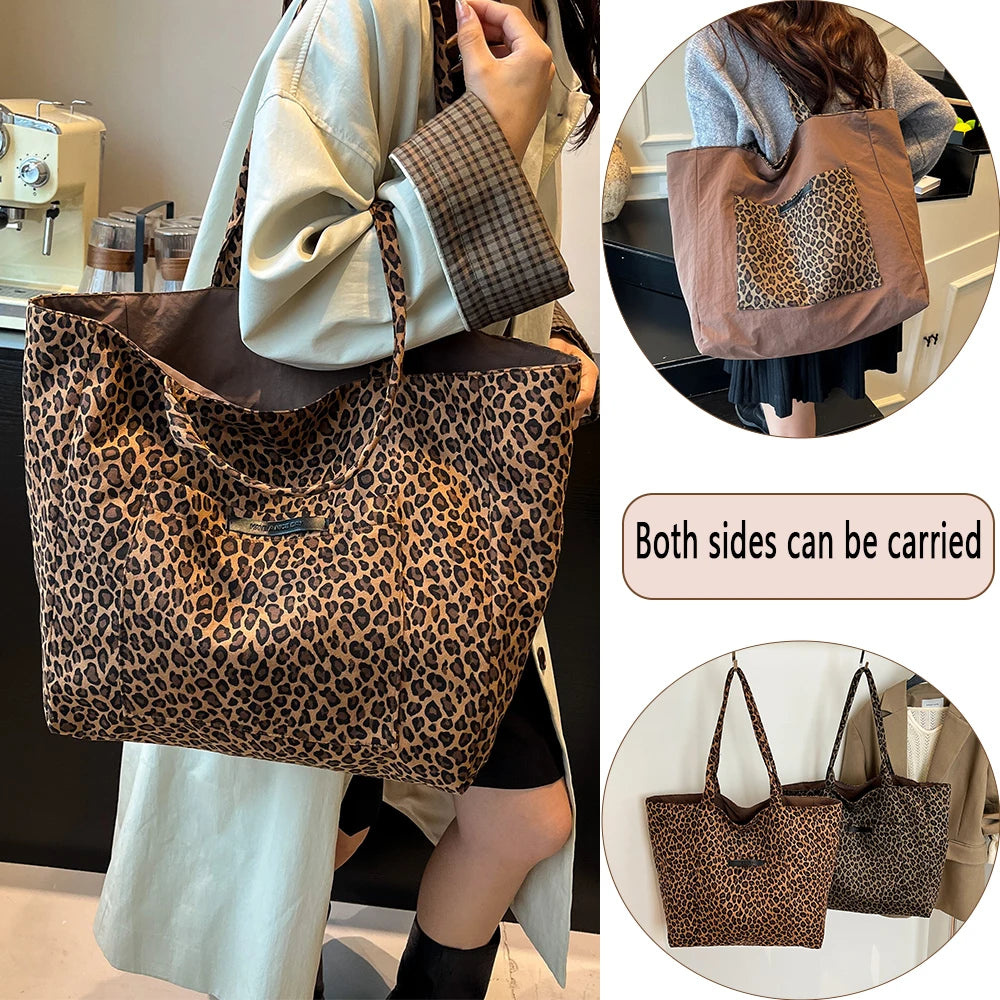 Damen Einkaufstasche doppelseitig mit großem Fassungsvermögen und Leopardmuster