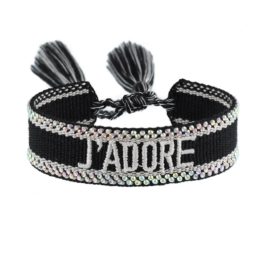 Freundschaftsarmbänder mit Schriftzug und Bling Steinen aus Baumwolle