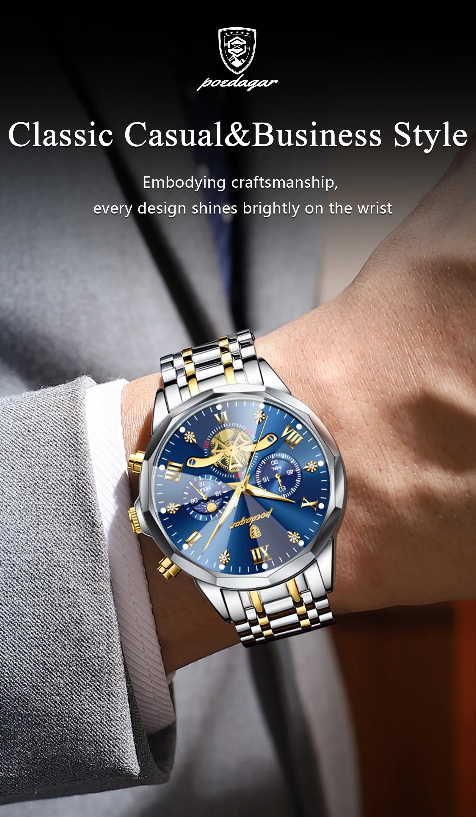 Wasserdichte Luxusuhr mit Chronograph und Edelstahlarmband Herren-Yabubestshop