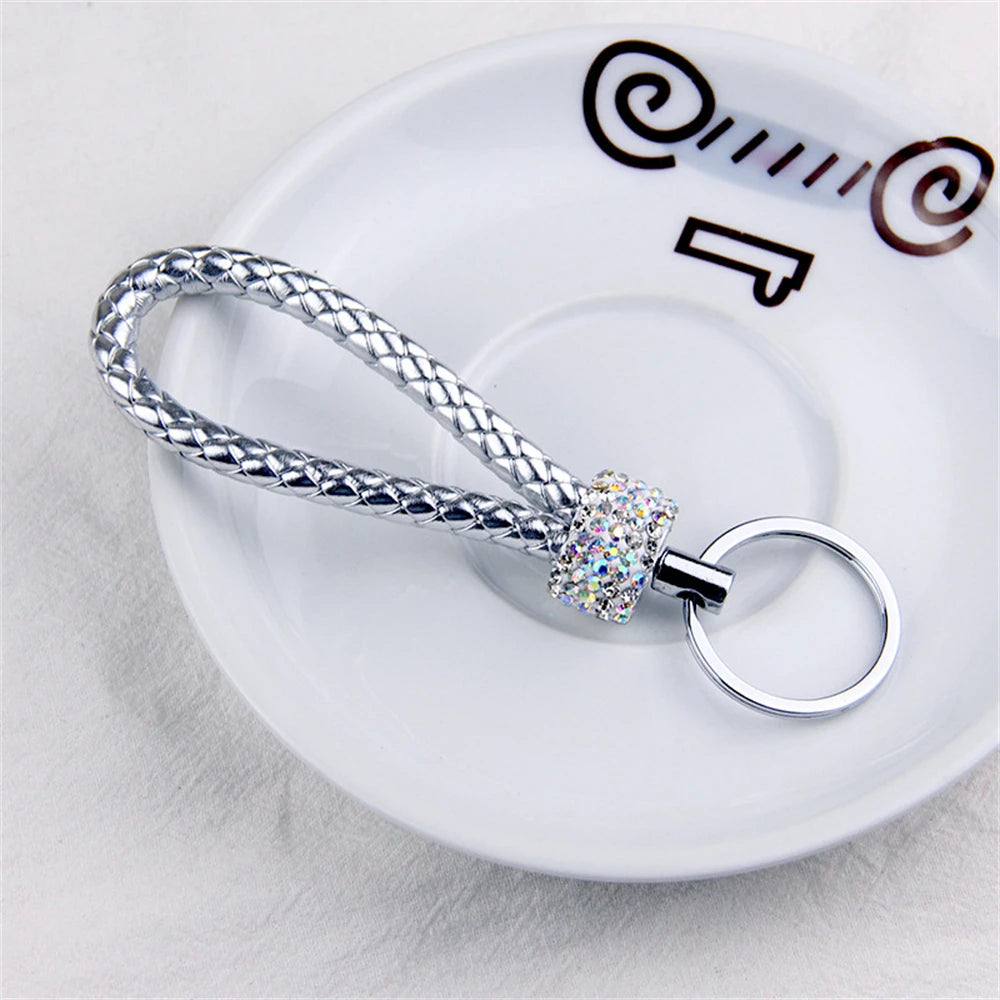 Stilvoller PU-Leder Schlüsselbund mit Glitter - Strass, geflochtenes Seil, Unisex