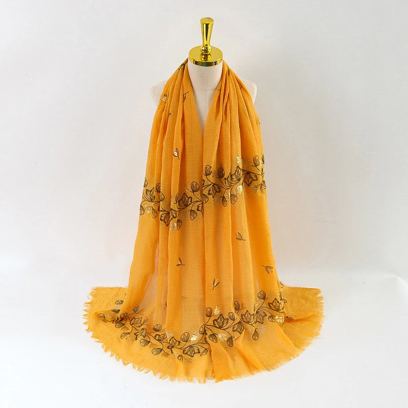 Damen Baumwoll-Leinen Schal Gold Bedruckt Quadratisch Kleine Blumenmuster