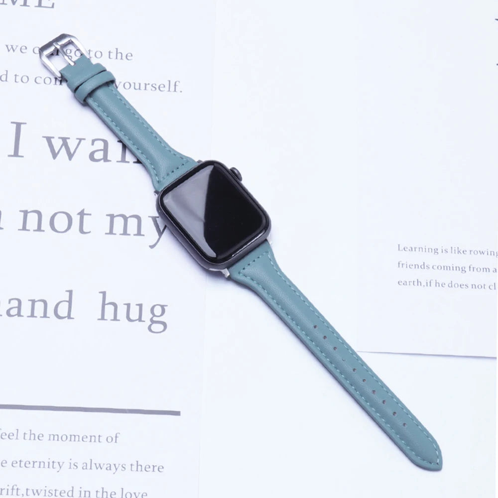 Schlankes Leder Armband für Smartwatch 38-49mm Damen Optik Metallverschluss