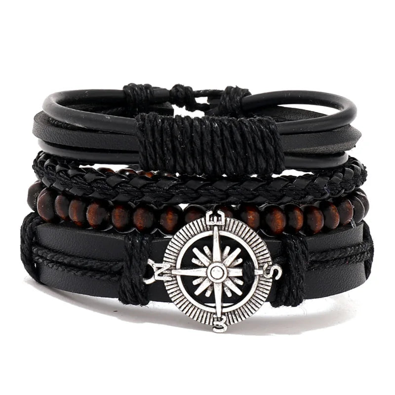 4-teiliges Herren-Lederarmband-Set mit Vintage Lebensbaum - Holzperlen