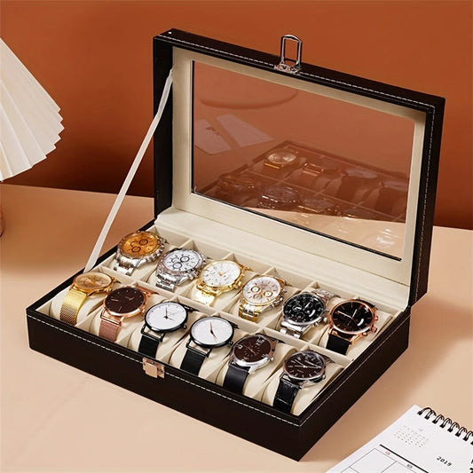 3/6/12 Slot Leder Uhrenbox Vitrine Organizer mit gerahmtem Glasdeckel Klassische PU-Leder Display Aufbewahrung Uhrenbox Fall - Yabubest - Home & More