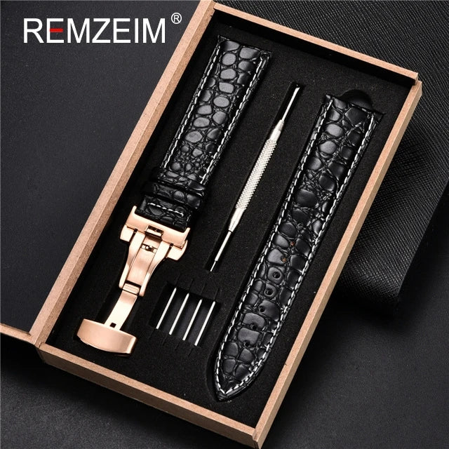 Geprägtes Leder Uhrenarmband 18-24mm mit Schmetterlingsverschluss