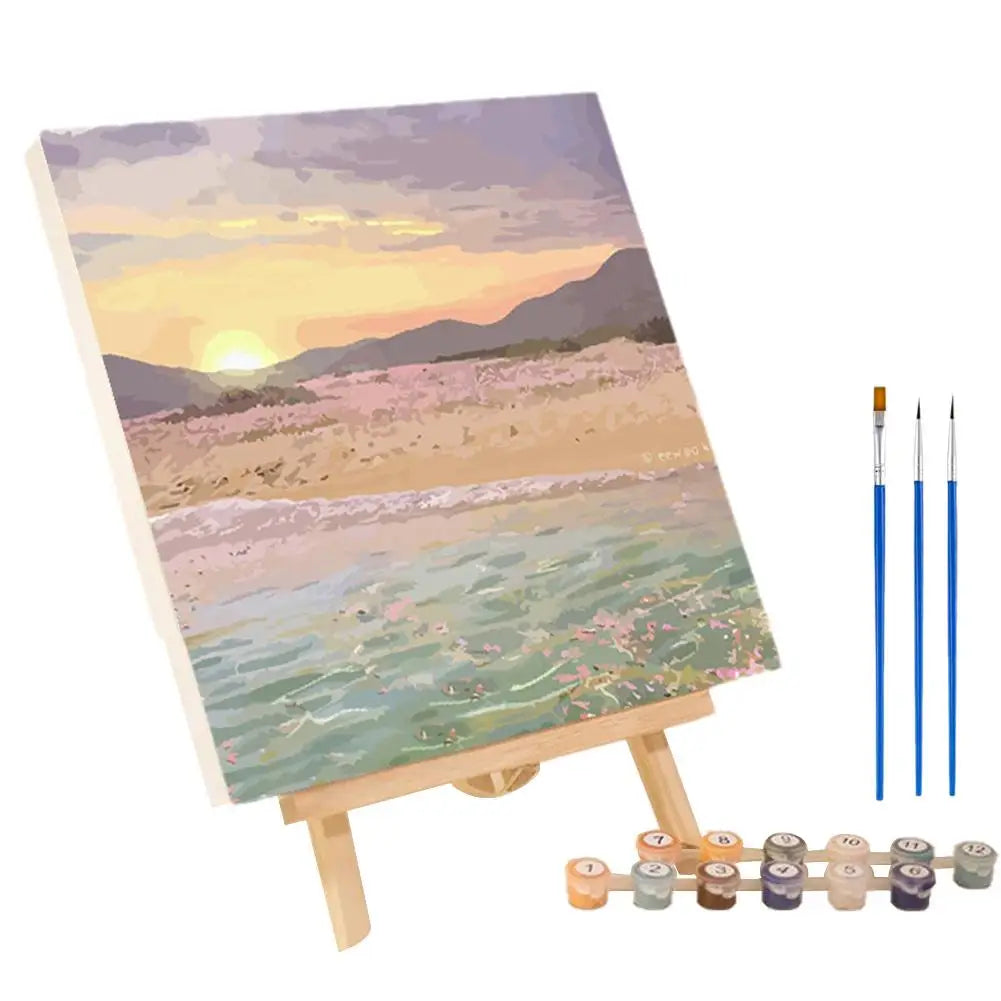 Malen nach Zahlen Kit Landschaft Abstrakter Sonnenuntergang mit Acrylfarbe