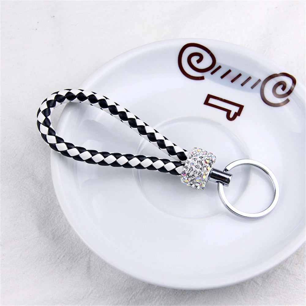 Stilvoller PU-Leder Schlüsselbund mit Glitter - Strass, geflochtenes Seil, Unisex