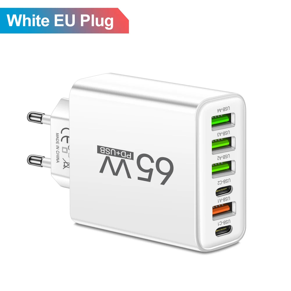 Kompaktes USB Ladegerät mit 65W und 6 Ports für schnelles Laden