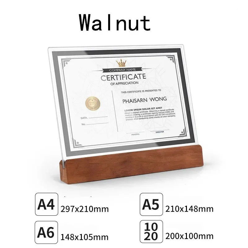 Transparenter Acryl Fotorahmenhalter mit Holzsockel für A4 A5 A6 Formate