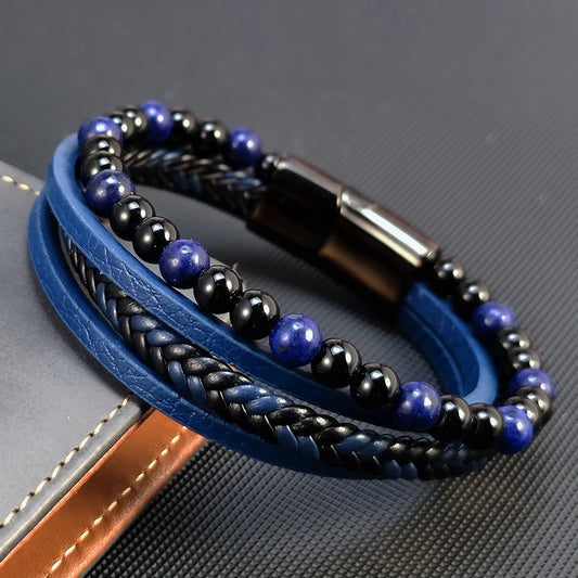 Punk Herren Perlen Armband mit Blauem Lapis Lazuli Multilayer Leder