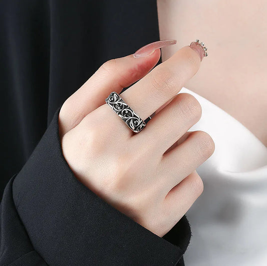 Retro Gothic Reben Ring – Offener Silberfarben Unisex Schmuck für Damen Herren